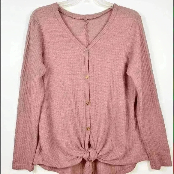 Mauve Waffled tie front V-Neck Sweater WOMENS Medium - Picture 2 of 8